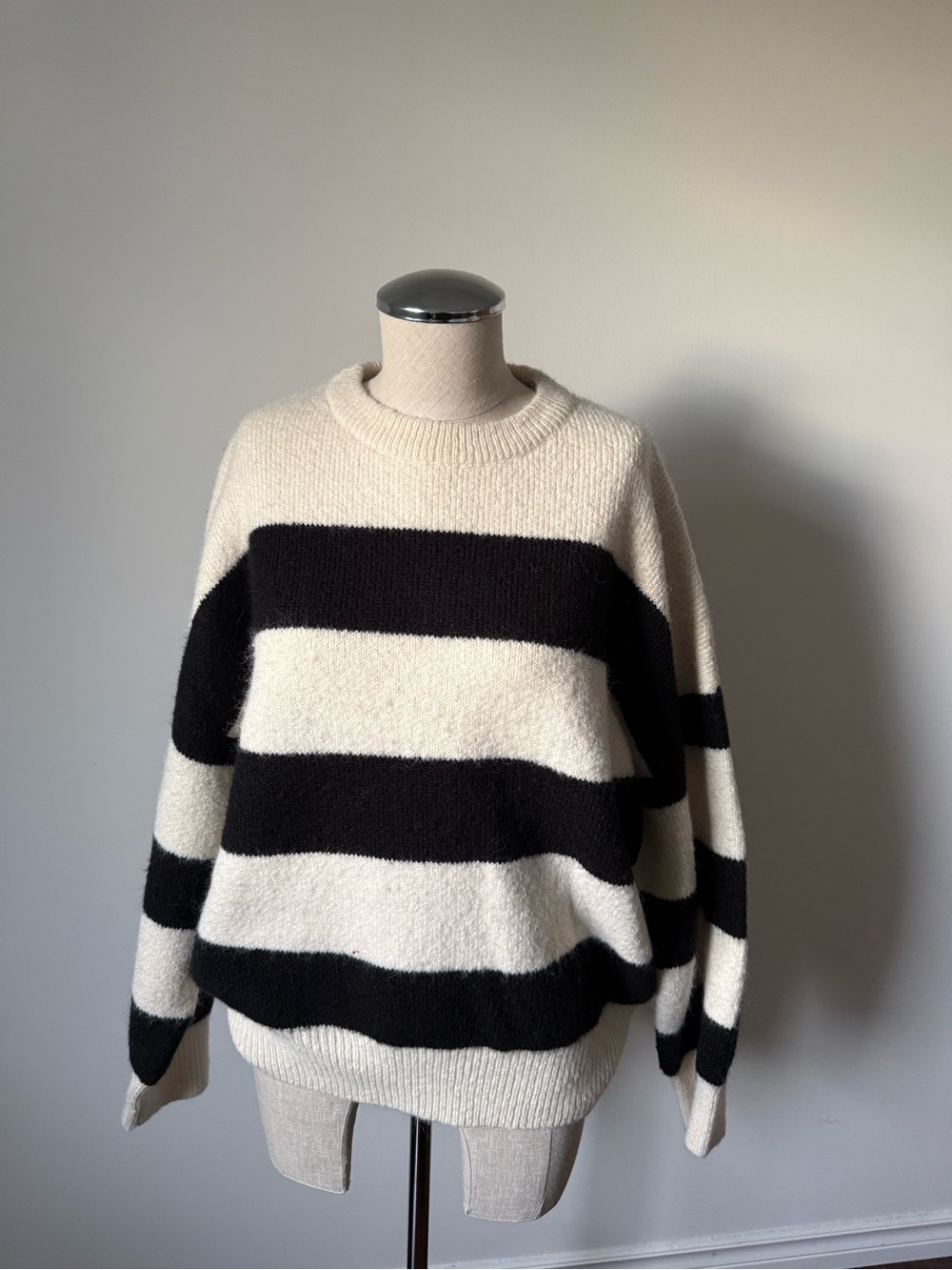 OAK + FORT Black and Cream Striped Crewneck Sweater